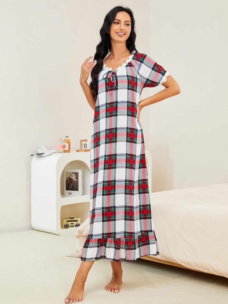 Pitsist paliidne naiste öösärk, lipsuga V kaelusega magamiskleit Lühikeste varrukatega öösärk, volangidega ääris, magamisriided pidžaamad öörõivad salong