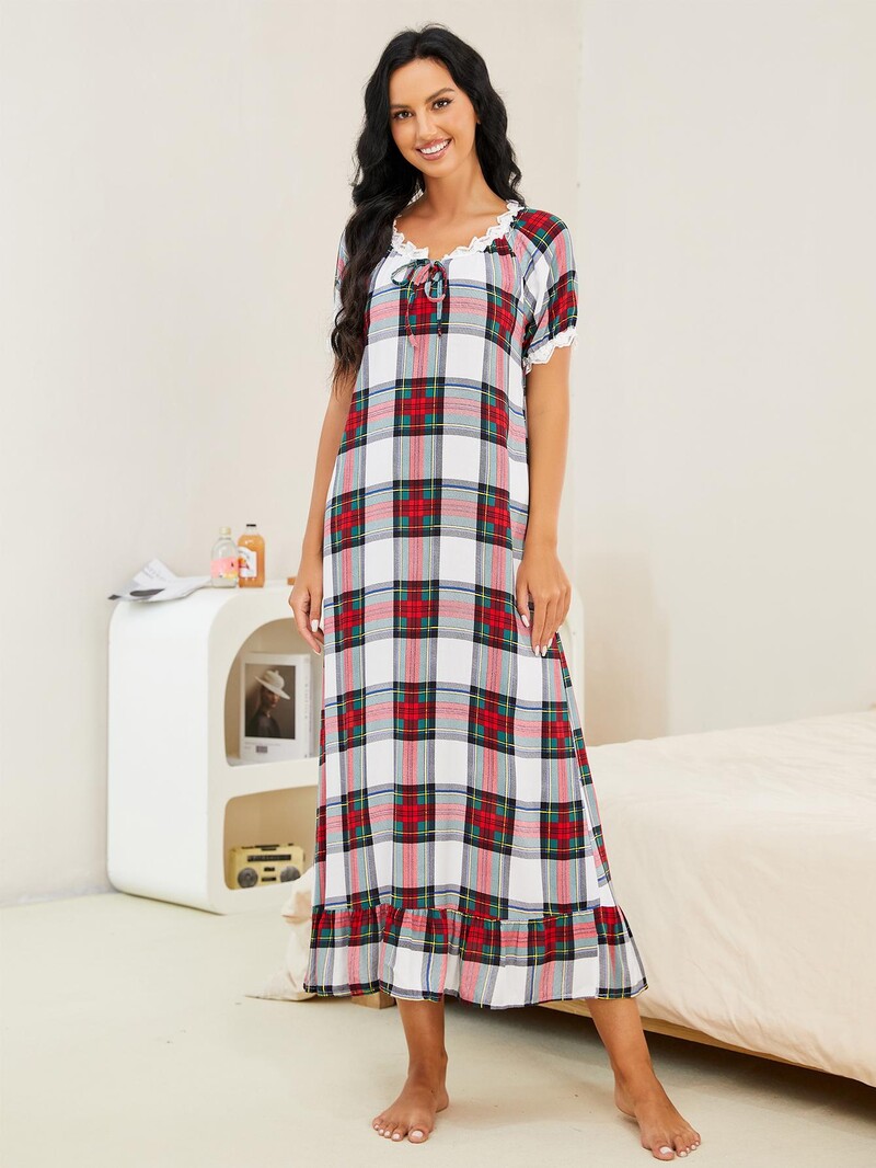 Pitsist paliidne naiste öösärk, lipsuga V kaelusega magamiskleit Lühikeste varrukatega öösärk, volangidega ääris, magamisriided pidžaamad öörõivad salong