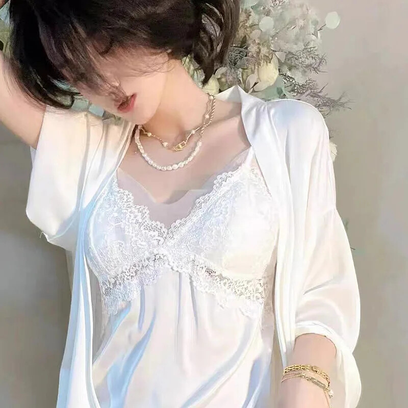 Pavasaris vasara Sexy Pure Desire Estetiškas ilgas miegui skirtas dviejų dalių komplektas Moteriški naktiniai marškinėliai V formos kaklo namų drabužiai