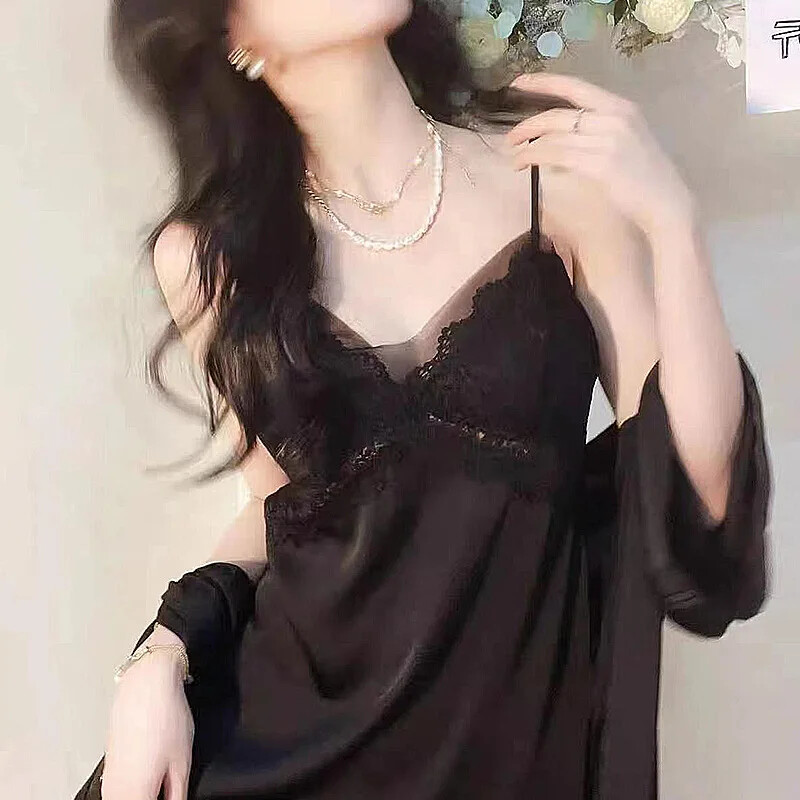 Pavasaris vasara Sexy Pure Desire Estetiškas ilgas miegui skirtas dviejų dalių komplektas Moteriški naktiniai marškinėliai V formos kaklo namų drabužiai