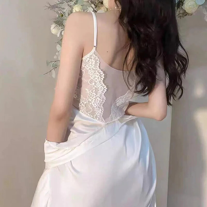 Pavasaris vasara Sexy Pure Desire Estetiškas ilgas miegui skirtas dviejų dalių komplektas Moteriški naktiniai marškinėliai V formos kaklo namų drabužiai