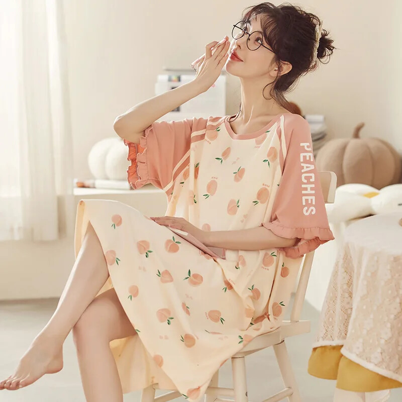 Korean Style Ins moteriški vasariniai medvilniniai naktiniai marškiniai trumpomis rankovėmis nėščioms moterims ilga suknelė virš kelių