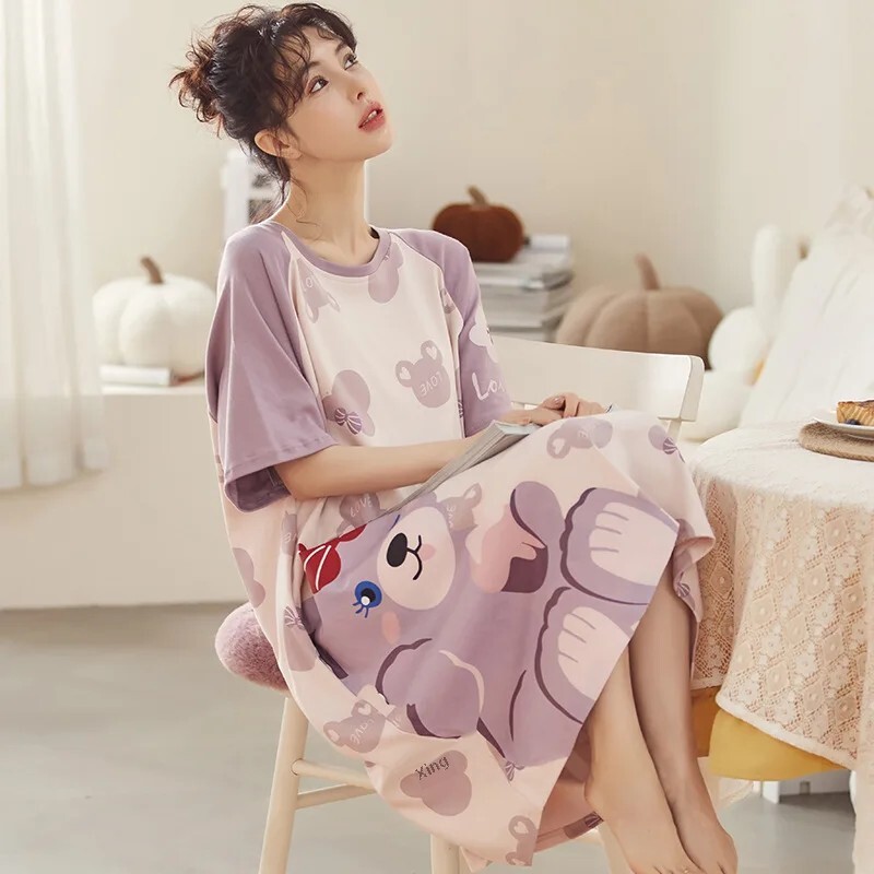 Korean Style Ins moteriški vasariniai medvilniniai naktiniai marškiniai trumpomis rankovėmis nėščioms moterims ilga suknelė virš kelių