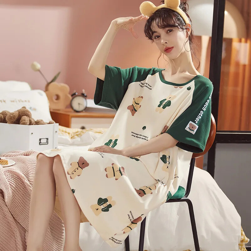 Korean Style Ins moteriški vasariniai medvilniniai naktiniai marškiniai trumpomis rankovėmis nėščioms moterims ilga suknelė virš kelių