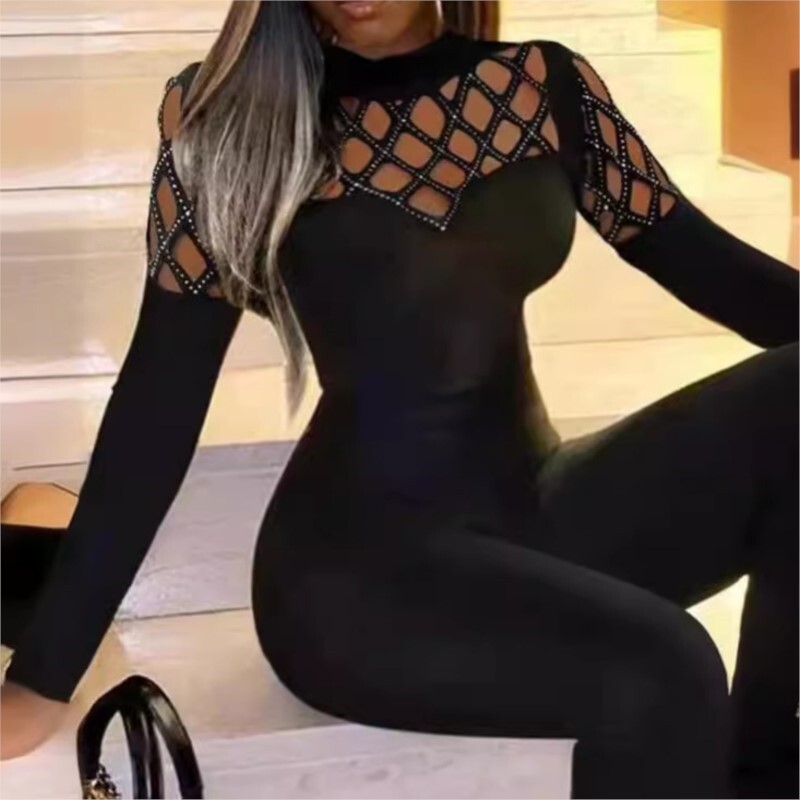 Rudens juodas kombinezonas ilgomis rankovėmis, moteriškas kombinezonas su apvalia kakle, seksualus deimantinio tinklelio juosmuo Slim Fit kombinezonai su apvalia kakle