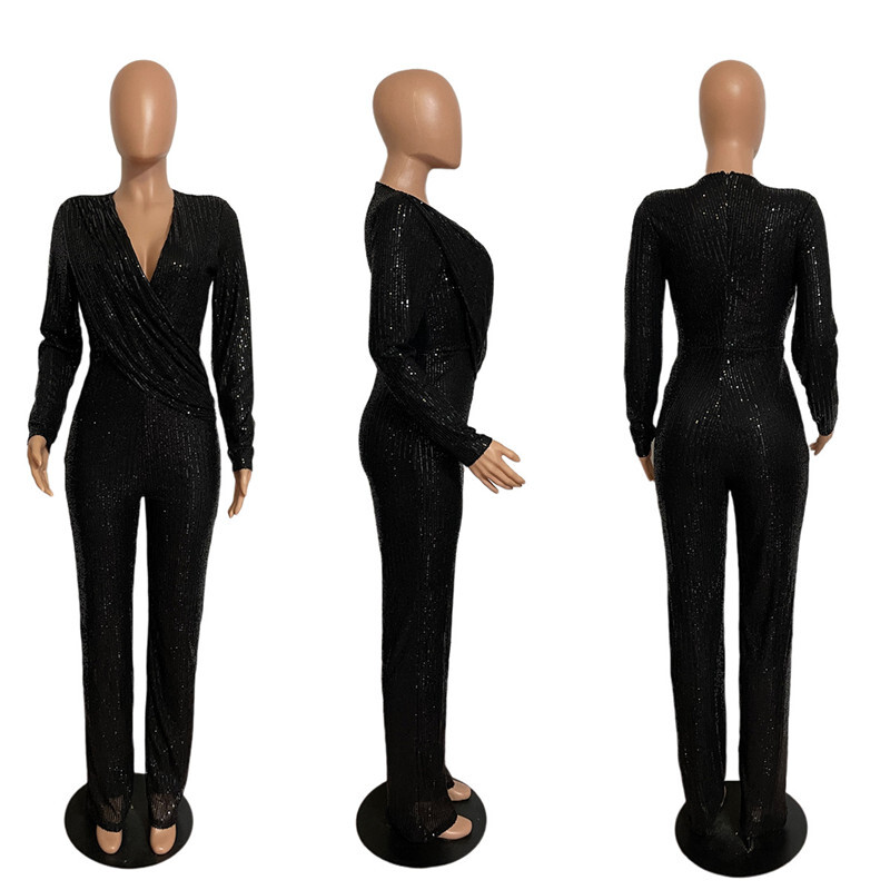 Nauji madingi blizgučiai kombinezonai moterims ilgomis rankovėmis V kaklu, uždengti rudens žieminiai šliaužtinukai Įžymybių vakaro vakarėlio klubo apranga
