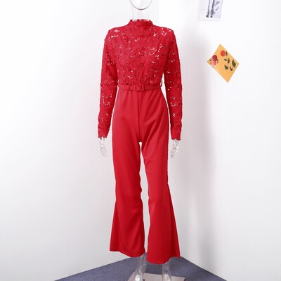 Siuvinėti nėriniuoti raudoni kombinezonai moteriški Seksualūs ploni moteriški kombinezonai ilgomis rankovėmis diržu aukštu juosmeniu, 2024 m. INS atsitiktiniai moteriški vakarėliui