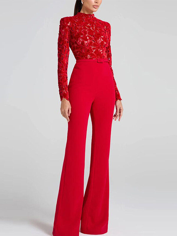 Siuvinėti nėriniuoti raudoni kombinezonai moteriški Seksualūs ploni moteriški kombinezonai ilgomis rankovėmis diržu aukštu juosmeniu, 2024 m. INS atsitiktiniai moteriški vakarėliui