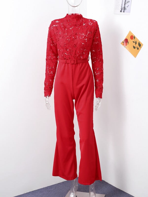 Siuvinėti nėriniuoti raudoni kombinezonai moteriški Seksualūs ploni moteriški kombinezonai ilgomis rankovėmis diržu aukštu juosmeniu, 2024 m. INS atsitiktiniai moteriški vakarėliui