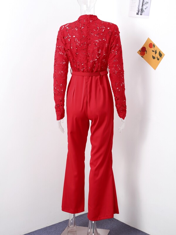 Siuvinėti nėriniuoti raudoni kombinezonai moteriški Seksualūs ploni moteriški kombinezonai ilgomis rankovėmis diržu aukštu juosmeniu, 2024 m. INS atsitiktiniai moteriški vakarėliui