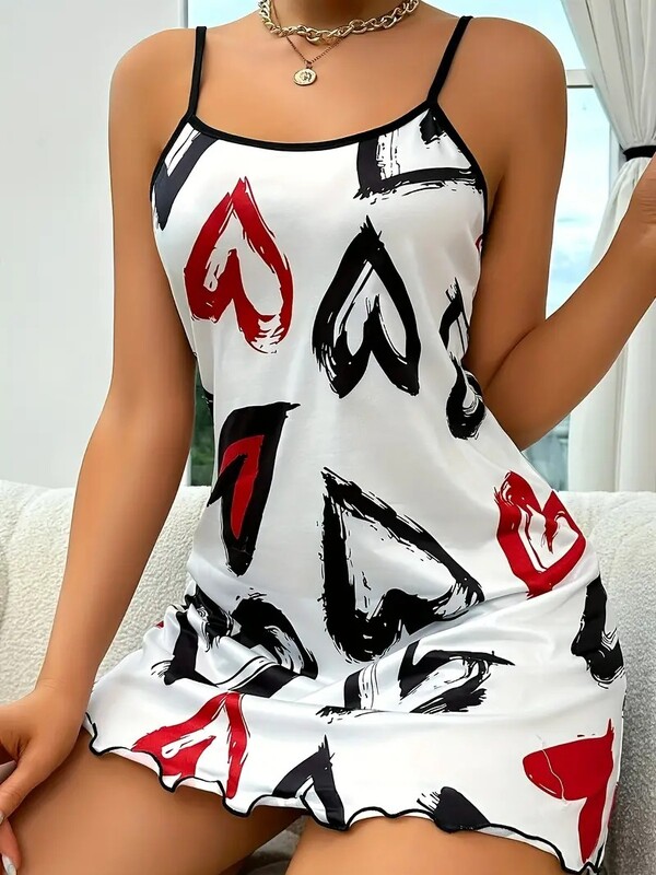 Juoda balta meilė marginta slepe naktinis marškinys Moteriškas seksualus apatinis trikotažas miegui Suknelė naktiniai naktiniai marškiniai