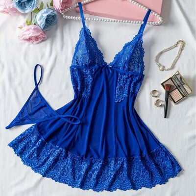 Cămașă de noapte sexy pentru femei, rochie de noapte, lenjerie de noapte, costum elegant, rochii brodate, set de pijamale albastre, cu curele, babydolls de pluș