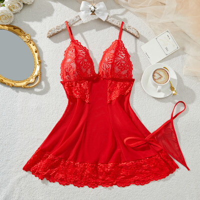 Seksualūs naktiniai moteriški naktiniai drabužiai miegui Elegantiški kostiumai išsiuvinėtos suknelės Mėlynos pižamos rinkinys su dirželiais Teddy Babydolls