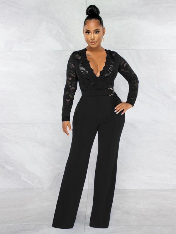 Madingi ir seksualūs laisvalaikio ploni, V formos iškirptės nėrinių balti kombinezonai rudeninis naujas elegantiškas ilgomis rankovėmis Y2k atostogų juodas vakarėlis kombinezonas