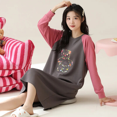 Puhtast puuvillast pikkade varrukatega unekleit naistele sügishooaja põlvedeni öösärk, mugav soe