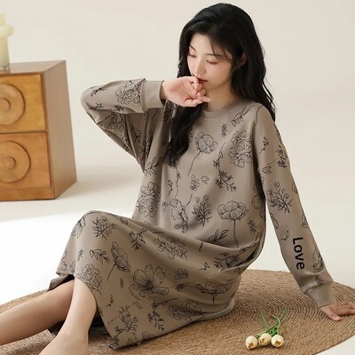 Puhtast puuvillast pikkade varrukatega unekleit naistele sügishooaja põlvedeni öösärk, mugav soe