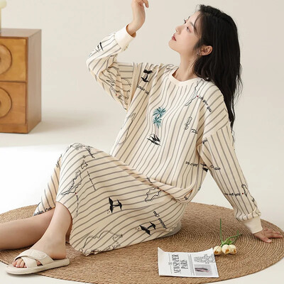 Puhtast puuvillast pikkade varrukatega unekleit naistele sügishooaja põlvedeni öösärk, mugav soe