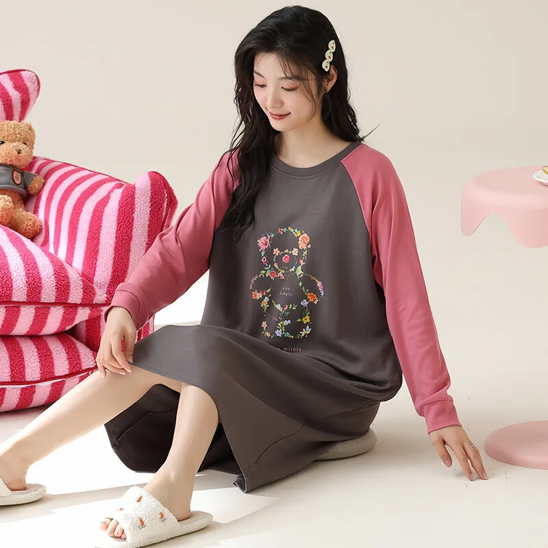 Puhtast puuvillast pikkade varrukatega unekleit naistele sügishooaja põlvedeni öösärk, mugav soe