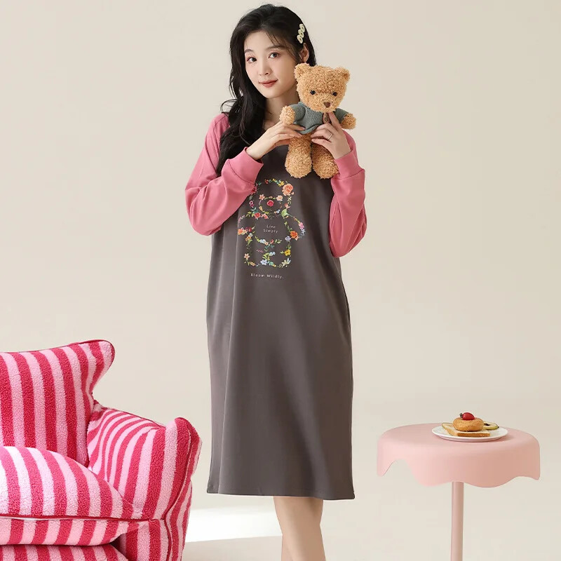 Puhtast puuvillast pikkade varrukatega unekleit naistele sügishooaja põlvedeni öösärk, mugav soe