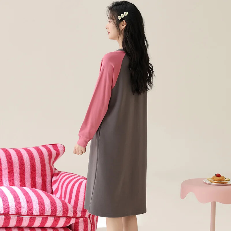 Puhtast puuvillast pikkade varrukatega unekleit naistele sügishooaja põlvedeni öösärk, mugav soe