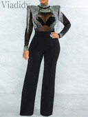 Apkakles, caurspīdīga sieta, Rhinestone pušķi, dekori ar garām piedurknēm taisni kombinezoni