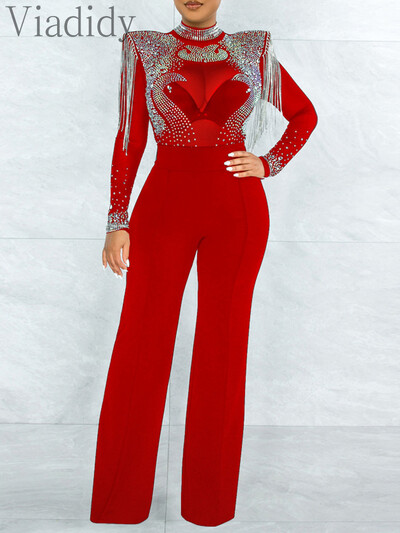 Apkakles, caurspīdīga sieta, Rhinestone pušķi, dekori ar garām piedurknēm taisni kombinezoni