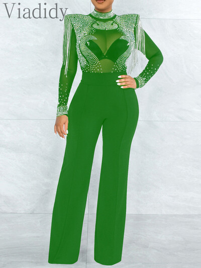 Apkakles, caurspīdīga sieta, Rhinestone pušķi, dekori ar garām piedurknēm taisni kombinezoni