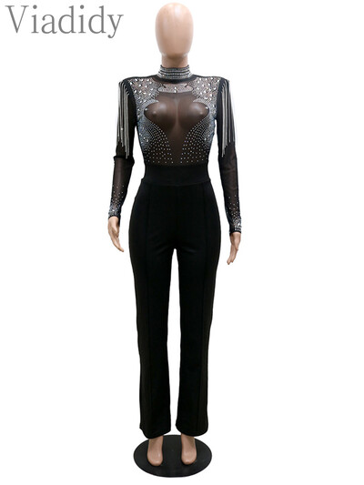 Apkakles, caurspīdīga sieta, Rhinestone pušķi, dekori ar garām piedurknēm taisni kombinezoni