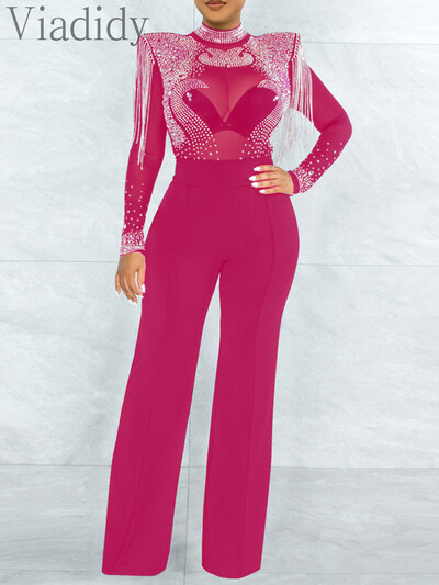 Apkakles, caurspīdīga sieta, Rhinestone pušķi, dekori ar garām piedurknēm taisni kombinezoni