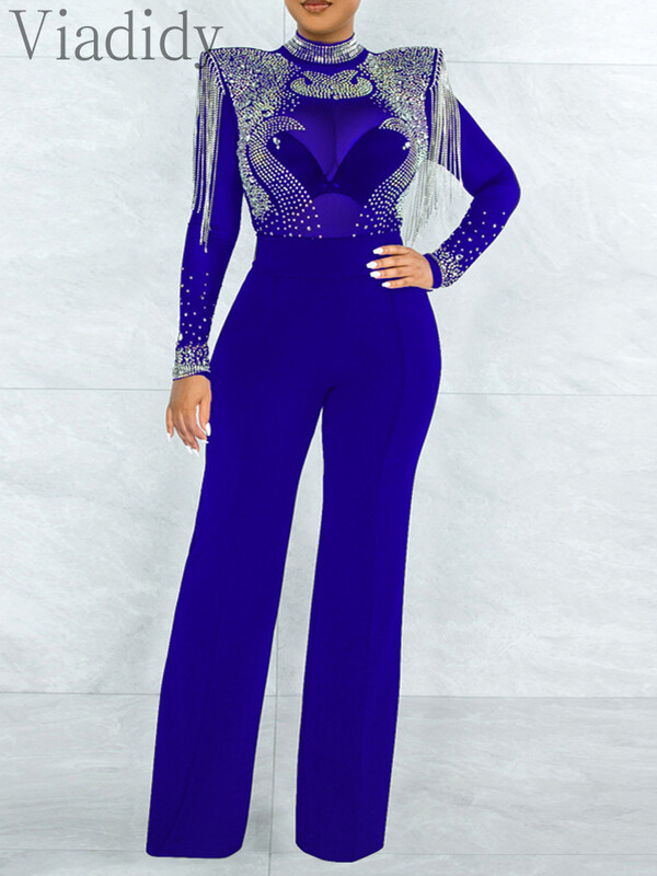 Apkakles, caurspīdīga sieta, Rhinestone pušķi, dekori ar garām piedurknēm taisni kombinezoni