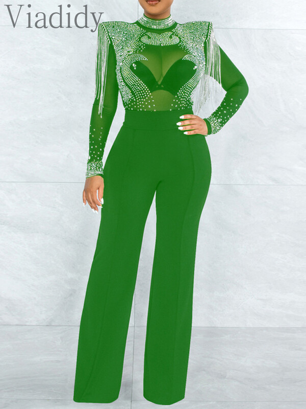 Apkakles, caurspīdīga sieta, Rhinestone pušķi, dekori ar garām piedurknēm taisni kombinezoni