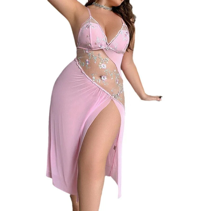 Seksīgs naktskrekls bez piedurknēm ar V veida kakla izgriezumu, izšūts ziedu dizains, neregulārs izgriezums Detaļas Pure Desire liela izmēra guļamveļa kleita