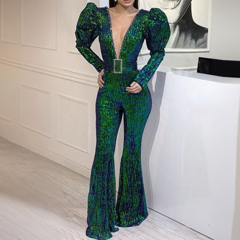 Seksikas sügava V-kaelusega puhvis varrukas litritega põletatud roheline kombinesoon Läikiv elegantne naisteklubi peo-mood Slim Fit kombinesoon