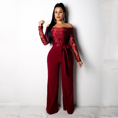 Aplikācijas Mežģīņu raibs kombinezons Sievietēm Sexy Off plec Slash Kakls ar garām piedurknēm Elegants, platas bikses Kombinezons ballītei