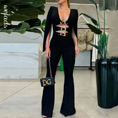 „Wefads“ kombinezonas Moteriški drabužiai Madingi tvirti ilgomis rankovėmis V kaklo tuščiaviduriai diržai su užtrauktu juosmeniu.