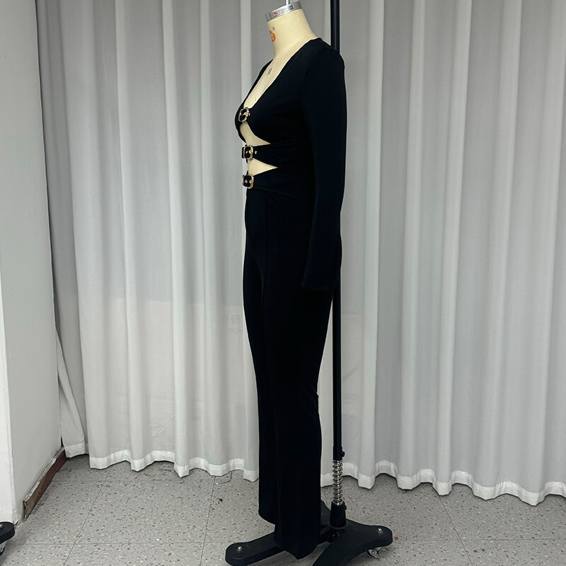 „Wefads“ kombinezonas Moteriški drabužiai Madingi tvirti ilgomis rankovėmis V kaklo tuščiaviduriai diržai su užtrauktu juosmeniu.