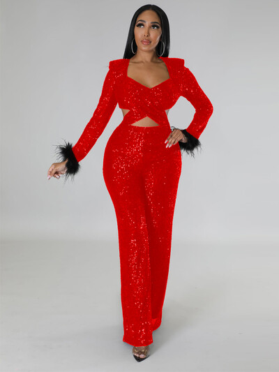 Moodsad naiste kõrgtänava stiilis kombinesoonid, sulgedega pikkade varrukatega õõnsa tõmblukuga litriga ühevärvilised õhukesed kuulsuste peopüksid