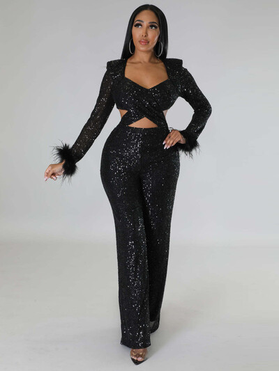 Moodsad naiste kõrgtänava stiilis kombinesoonid, sulgedega pikkade varrukatega õõnsa tõmblukuga litriga ühevärvilised õhukesed kuulsuste peopüksid