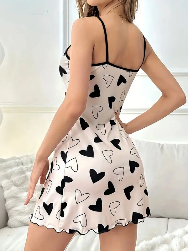 Südamega trükitud vabaaja satsidega öösärk, naiste seksikas ümmargune kaelus, seljata libisemiskleit, mugav öösärk