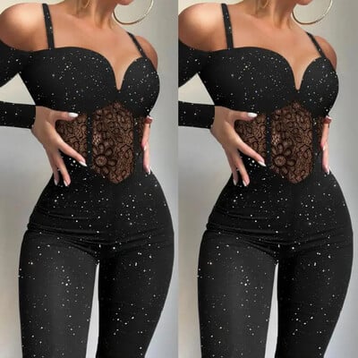 Seksikas Hollow Out Party Night Jumpsuit Moodne must Elegantne Jumpsuit Säravad Olkaimeta Pikkade Varrukatega Kitsad Jumpsuits