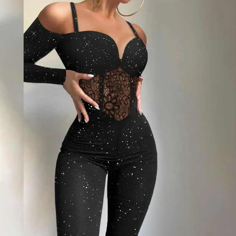 Seksikas Hollow Out Party Night Jumpsuit Moodne must Elegantne Jumpsuit Säravad Olkaimeta Pikkade Varrukatega Kitsad Jumpsuits