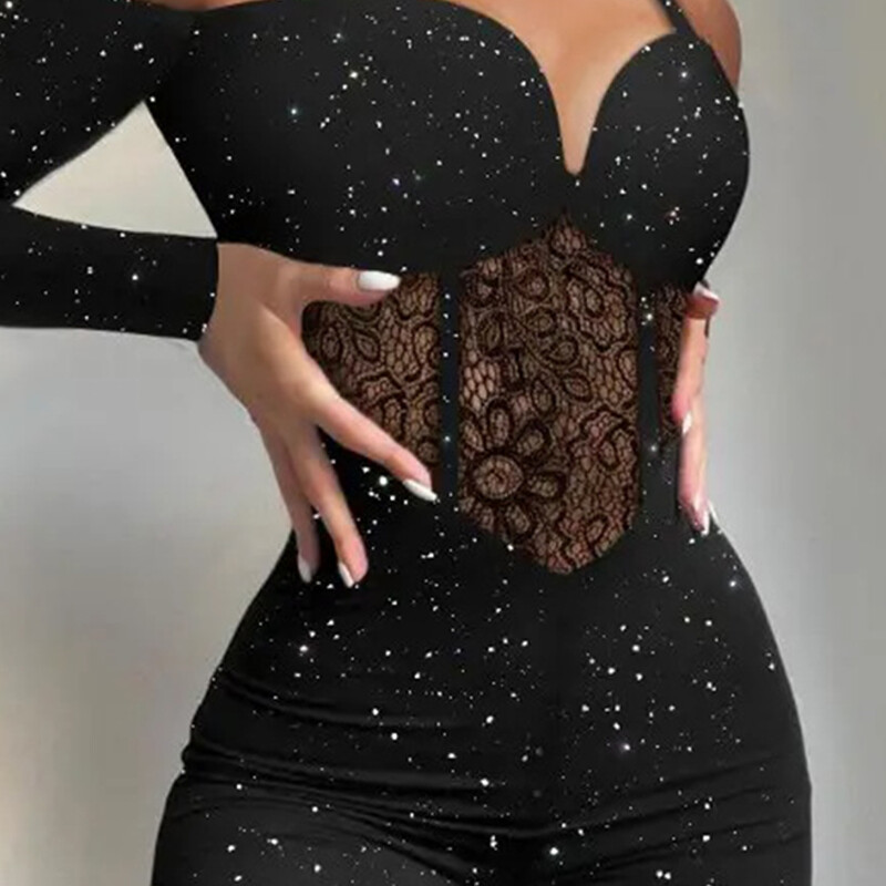 Seksikas Hollow Out Party Night Jumpsuit Moodne must Elegantne Jumpsuit Säravad Olkaimeta Pikkade Varrukatega Kitsad Jumpsuits