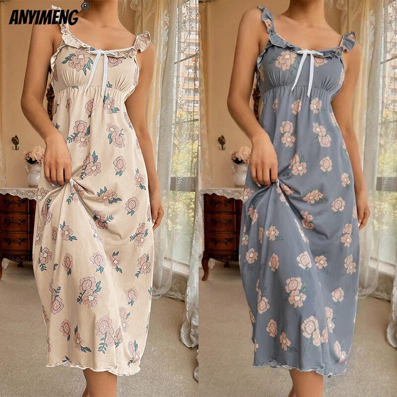 Puošnūs moteriški naktiniai marškiniai Vasaros mados Retro naktiniai raukiniai Suknelė Elegantiška gėlėta namų suknelė Prašmatni ploni chalatai moteriškas apatinis trikotažas