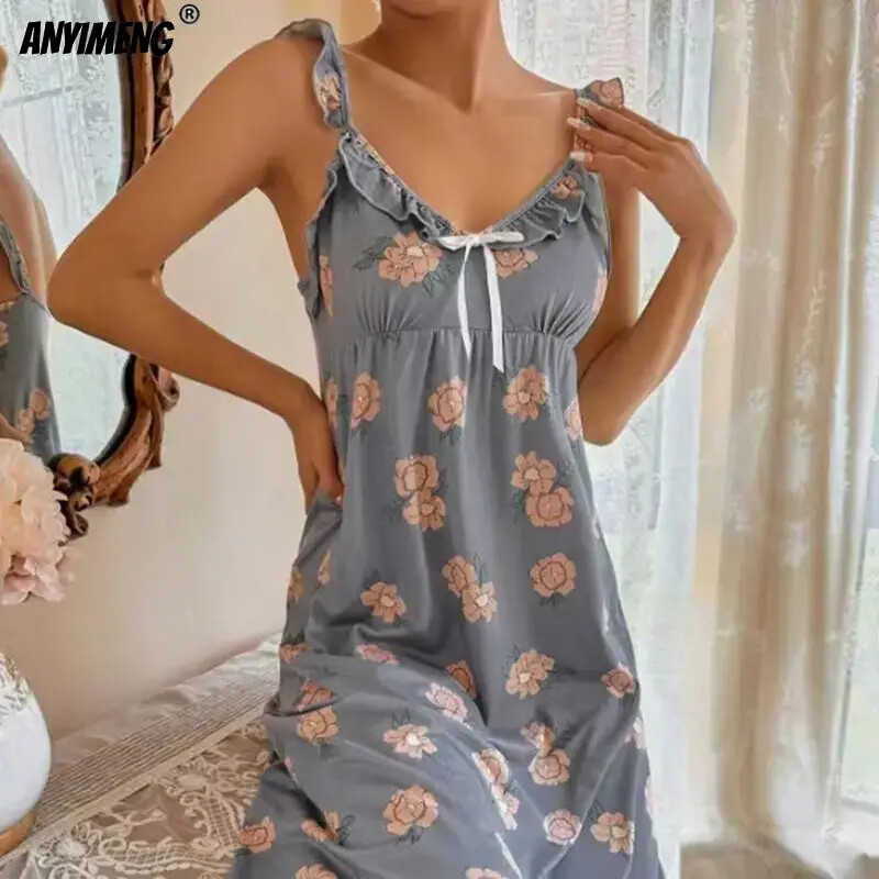 Puošnūs moteriški naktiniai marškiniai Vasaros mados Retro naktiniai raukiniai Suknelė Elegantiška gėlėta namų suknelė Prašmatni ploni chalatai moteriškas apatinis trikotažas