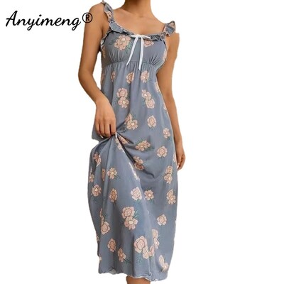 Ruffle Kleit Elegantne lilleline kodukleit Šikk õhuke hommikumantlid Naiste pesu Imeilusad naiste öösärgid Suvine mood Retro öösärk