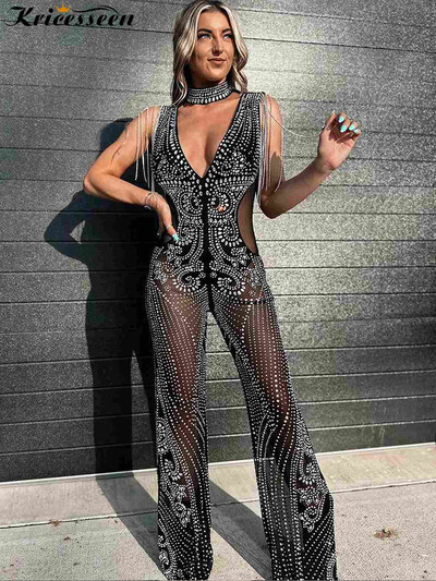 Kricesseen Krāšņi Melni Rhinestones Tīkla kristāla kombinezoni Sievietēm Glam Choker Kakls Diamante Fringed Romper Slavenību tērpi