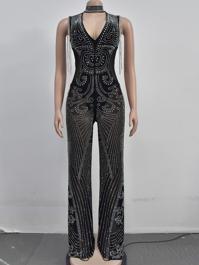 Kricesseen spalvingi juodi kalnų krištoliniai tinkliniai krištoliniai kombinezonai, moteriški glaustinukai su kakleliu, deimantiniai kutais, įžymybių apranga