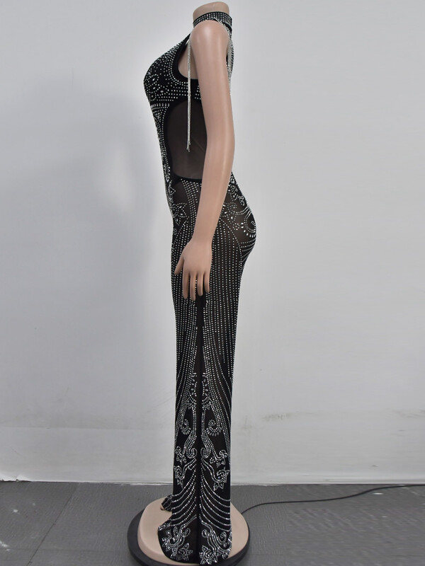 Kricesseen spalvingi juodi kalnų krištoliniai tinkliniai krištoliniai kombinezonai, moteriški glaustinukai su kakleliu, deimantiniai kutais, įžymybių apranga