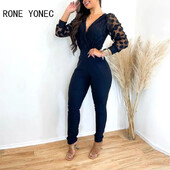 Sieviešu elegants, dziļi V kakla izgriezuma laternas piedurknes ar rāvējslēdzēju, darbīgs šaurs zīmuļa bikses kombinezons