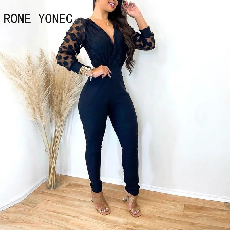 Sieviešu elegants, dziļi V kakla izgriezuma laternas piedurknes ar rāvējslēdzēju, darbīgs šaurs zīmuļa bikses kombinezons